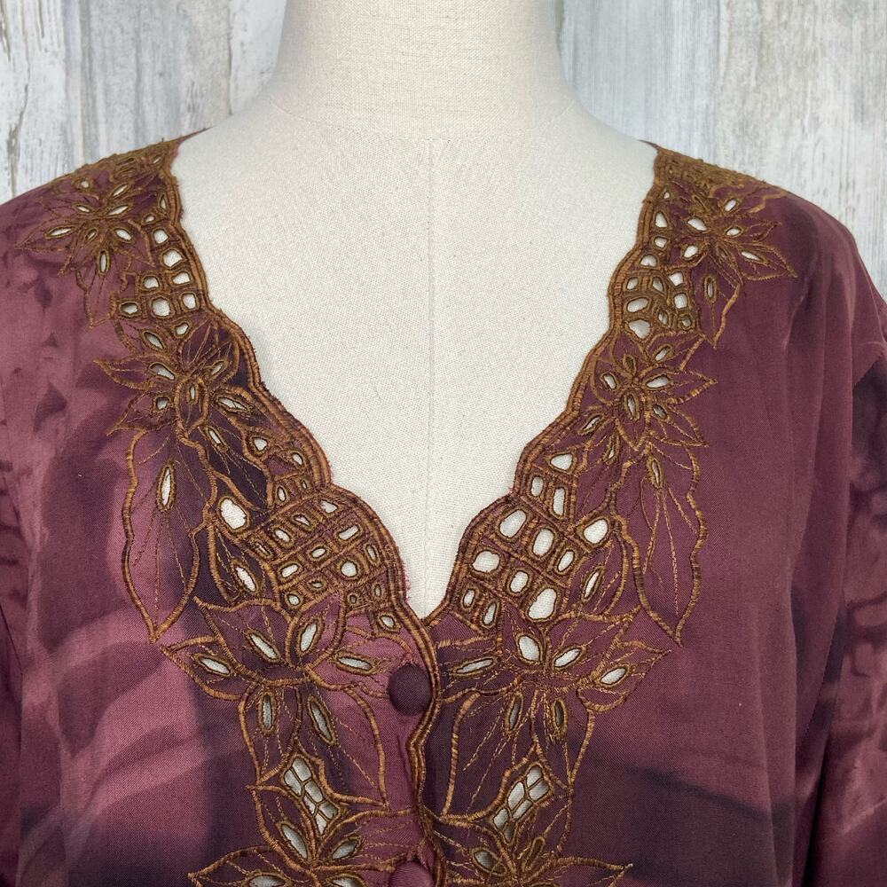 Papillon Embroidered Blouse Brown Tie Dye Button Front Boho Fairy Size M - Picture 3 of 8